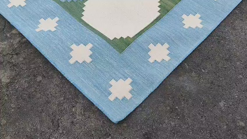 Modern Handmade Cotton Rug, 4x6 Sky Blue And Green Tile Swedish Rug-6782