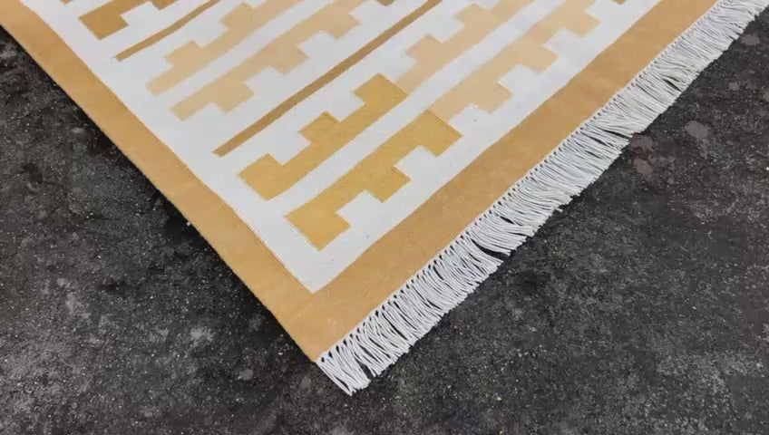 Modern Handmade Cotton Yellow And Cream Marianne Striped Indian Dhurrie Rug-6762
