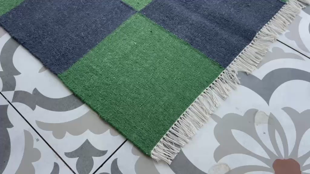 Modern Handmade New Zealand Wool Forest Green And Greyish Blue Checker Board Area Rug-6827