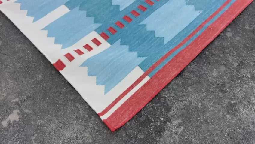 Modern Handmade Cotton Flat Weave Blue, Cream And Red Geometric Rug-6774