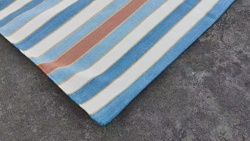 Modern Handmade Cotton Area Rug, Sky Blue, Red And Yellow Striped Indian Dhurrie -6783