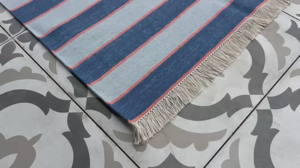 Modern Handmade Cotton Sky Blue And Orange Striped Area Rug-6830
