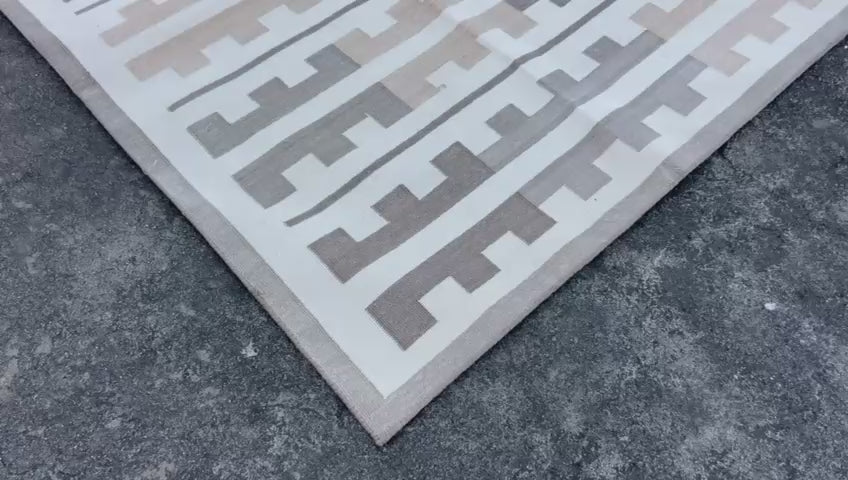 Modern Handmade Cotton Beige And Cream Marianne Striped Indian Dhurrie Rug-6767