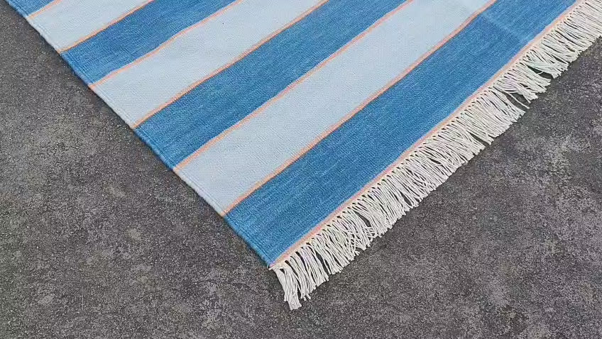 Modern Handmade Area Rug, Cotton Blue And Orange Striped Indian Dhurrie -6771
