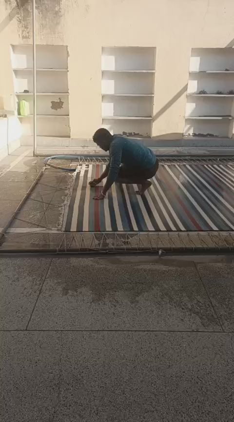 Modern Handmade Cotton Area Rug, Sky Blue, Red And Yellow Striped Indian Dhurrie -6783