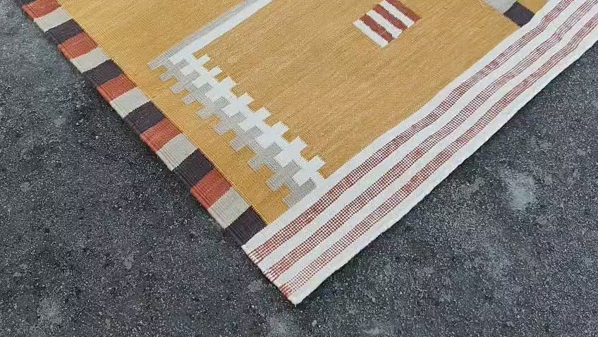 Modern Handmade Cotton Rug, 4x6 Mustard And Cream Geometric Rug-6776