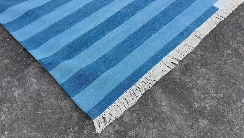 Modern Handmade Area Rug, Cotton Indigo And Sky Blue Striped Indian Dhurrie -6770