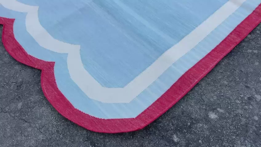 Modern Handmade Cotton Sky Blue, Cream and Red Scalloped Rug-9660