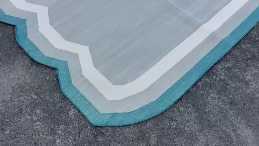 Modern Handmade Cotton Gray, Cream and Teal Blue Scalloped Rug-9661