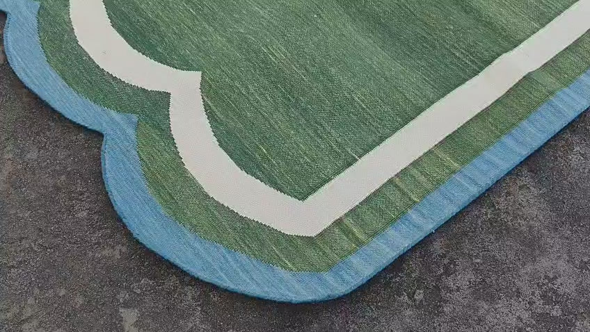 Modern Handmade Cotton Green, Cream and Teal Blue Scalloped Rug-9662