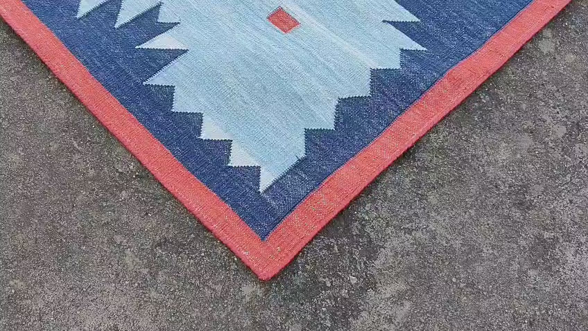 Modern Handmade Cotton Rug, 5x8 Sky And Navy Blue Red Border Geometric Diamond Rug-6775