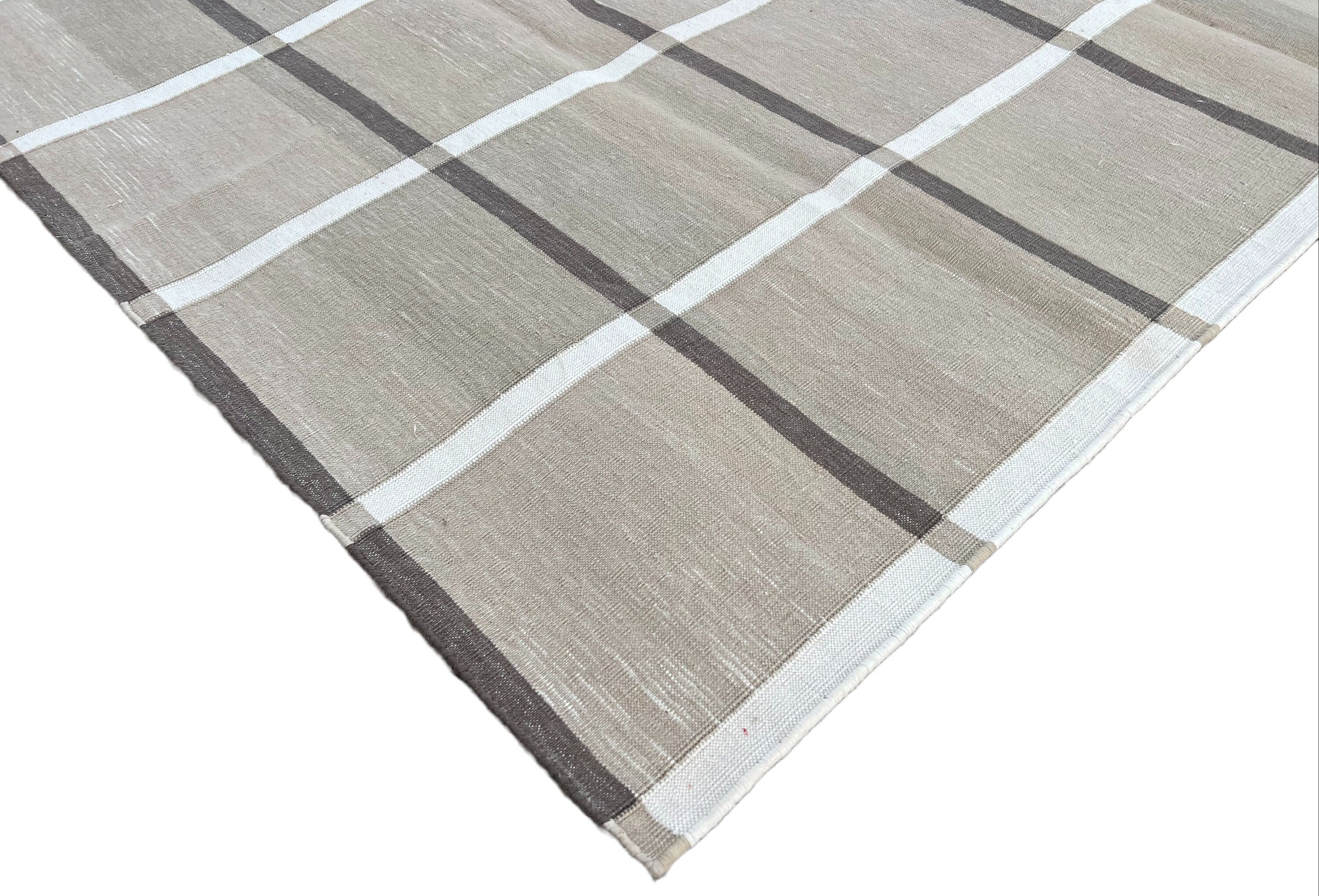 Modern Handmade Cotton Area Flat Weave Rug, Natural Vegetable Dyed, Beige & Brown Windowpane Check Indian Dhurrie, Kilim Rug, Wall Tapestry