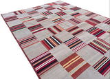 Modern Handmade Beige & Red Tile Pattern Check Indian Dhurrie