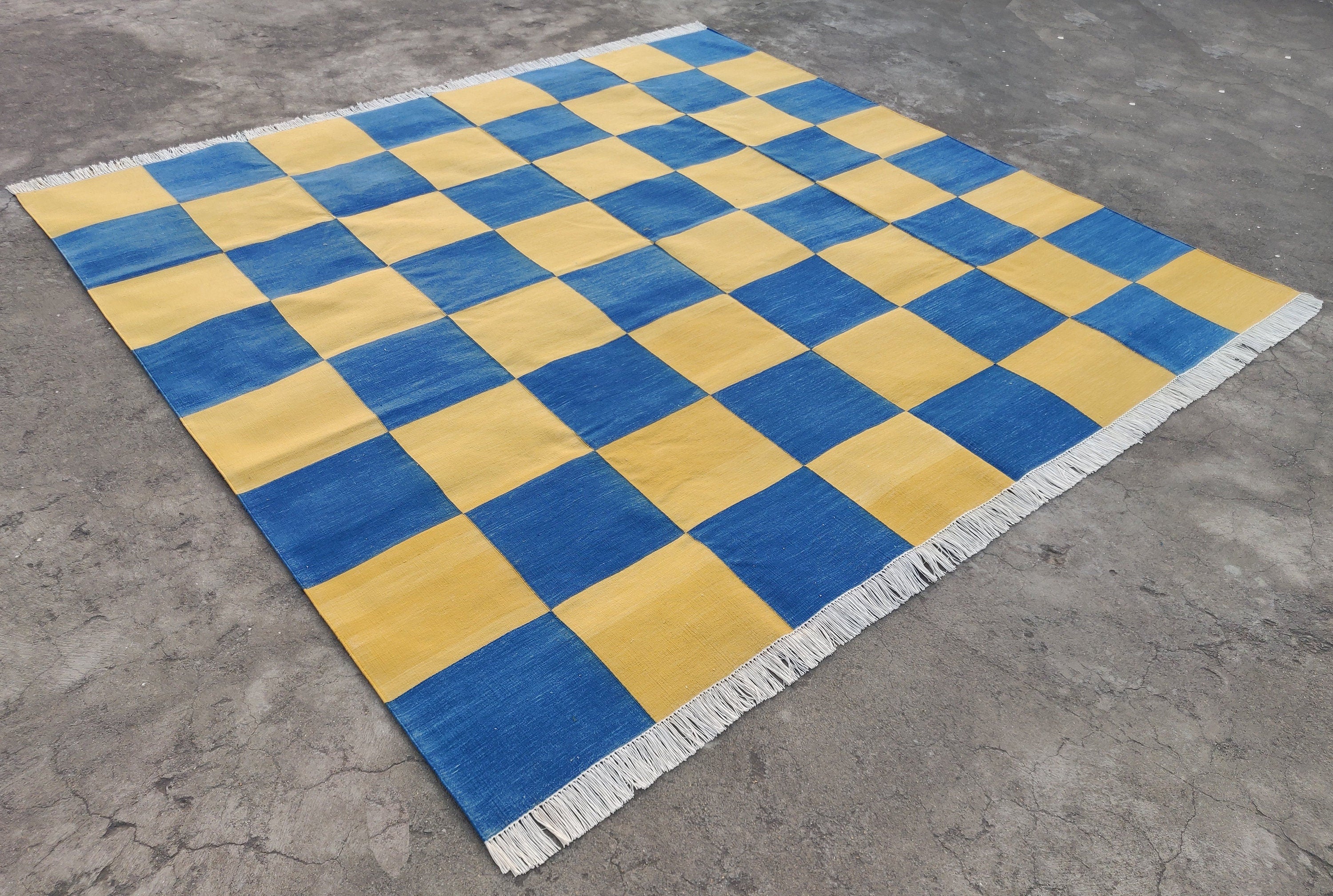 Modern Handmade Cotton Area Rug, Mustard And Blue Checked Dhurrie