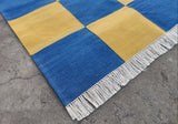 Modern Handmade Cotton Area Rug, Mustard And Blue Checked Dhurrie