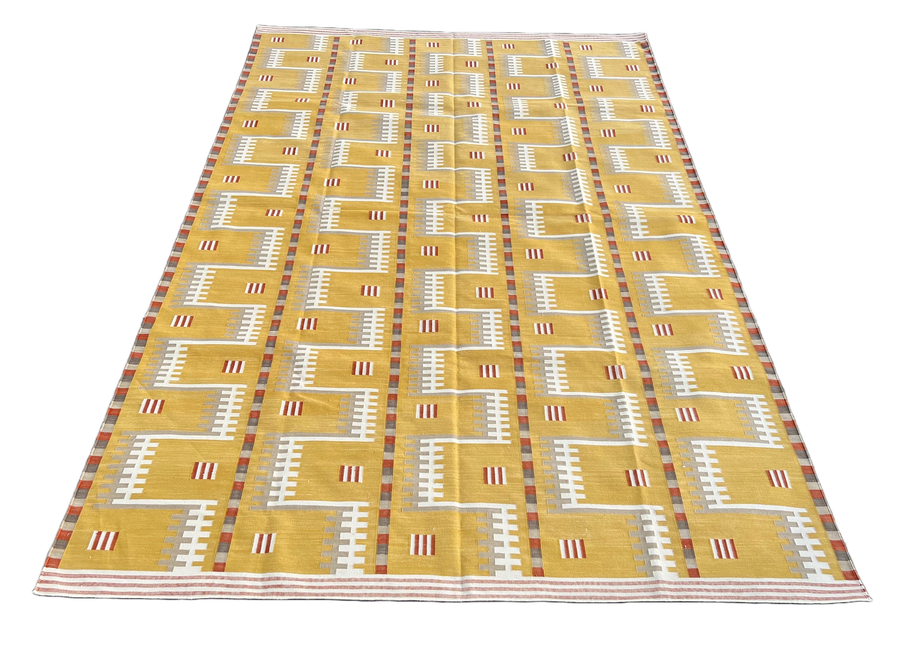 Modern Handmade Cotton Flat Weave Mustard Geometric Rug-6468