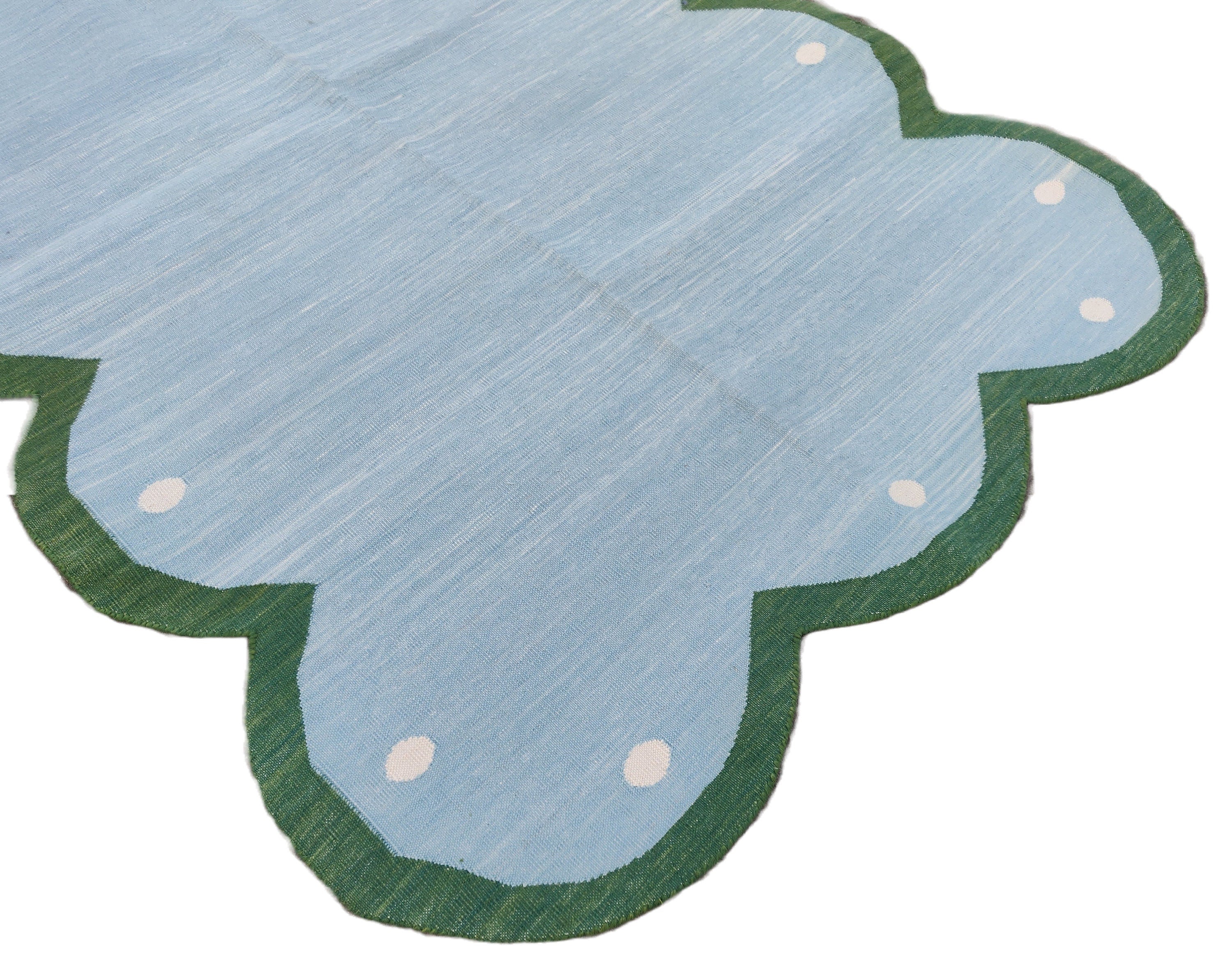 Handmade Cotton Area Flat Weave Rug, Blue & Green Scalloped Edge Indian Dhurrie