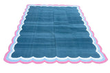 Modern Handmade Cotton Area Flat Weave Rug, Natural Vegetable Dyed, Blue & Pink Scalloped Edge Indian Dhurrie, Kilim Striped, Wall Tapestry