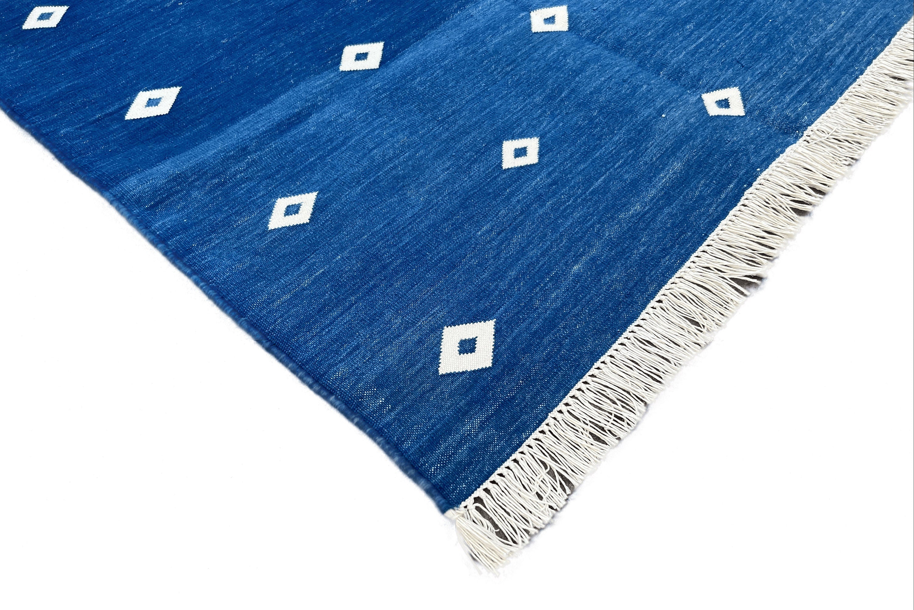 Modern Handmade Cotton Flat Weave Blue And White Diamond Runner Rug