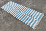 Modern Handmade Cotton Flat Weave  Blue And White Striped Runner