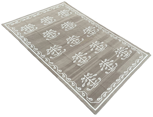 Modern Handmade Cotton Area Rug, Beige And White Flower Indian Dhurrie