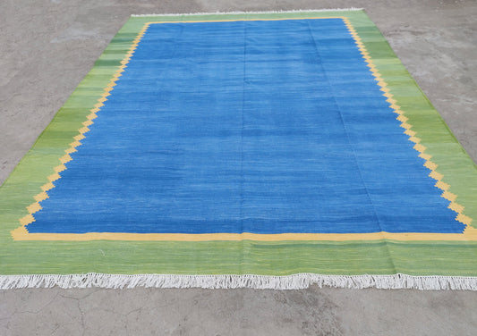 Modern Handmade Cotton Area Flat Weave Rug, Natural Vegetable Dyed, Blue & Green Solid Bordered Indian Dhurrie, Kilim Striped, Wall Tapestry