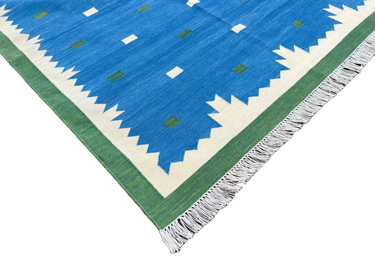 Modern Handmade Cotton Area Flat Weave Rug, Natural Vegetable Dyed, Blue & Green Geometric Indian Dhurrie, Striped Kilim Rug, Wall Tapestry