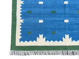 Modern Handmade Cotton Area Flat Weave Rug, Natural Vegetable Dyed, Blue & Green Geometric Indian Dhurrie, Striped Kilim Rug, Wall Tapestry