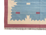 Modern Handmade Cotton Area Flat Weave Rug, Natural Vegetable Dyed, Blue & Pink Geometric Indian Dhurrie, Striped Kilim Rug, Wall Tapestry