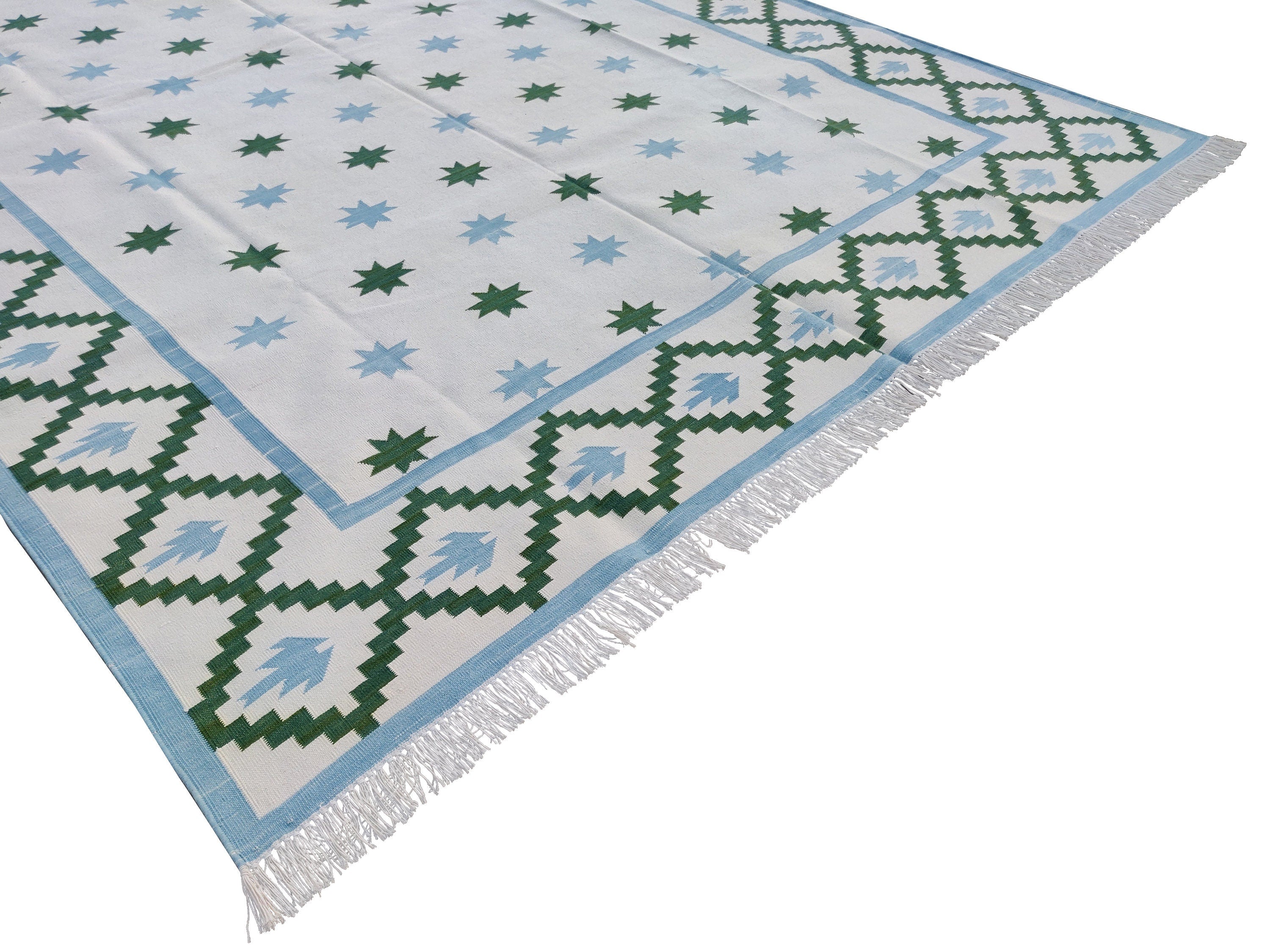 Modern Handmade Cotton Sky Blue And Green Geometric Star Rug-6065