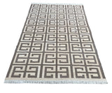 Modern Handmade Cotton Area Flat Weave Rug, Natural Vegetable Dyed, Beige & Brown Tile Pattern Indian Dhurrie, Kilim Striped, Wall Tapestry