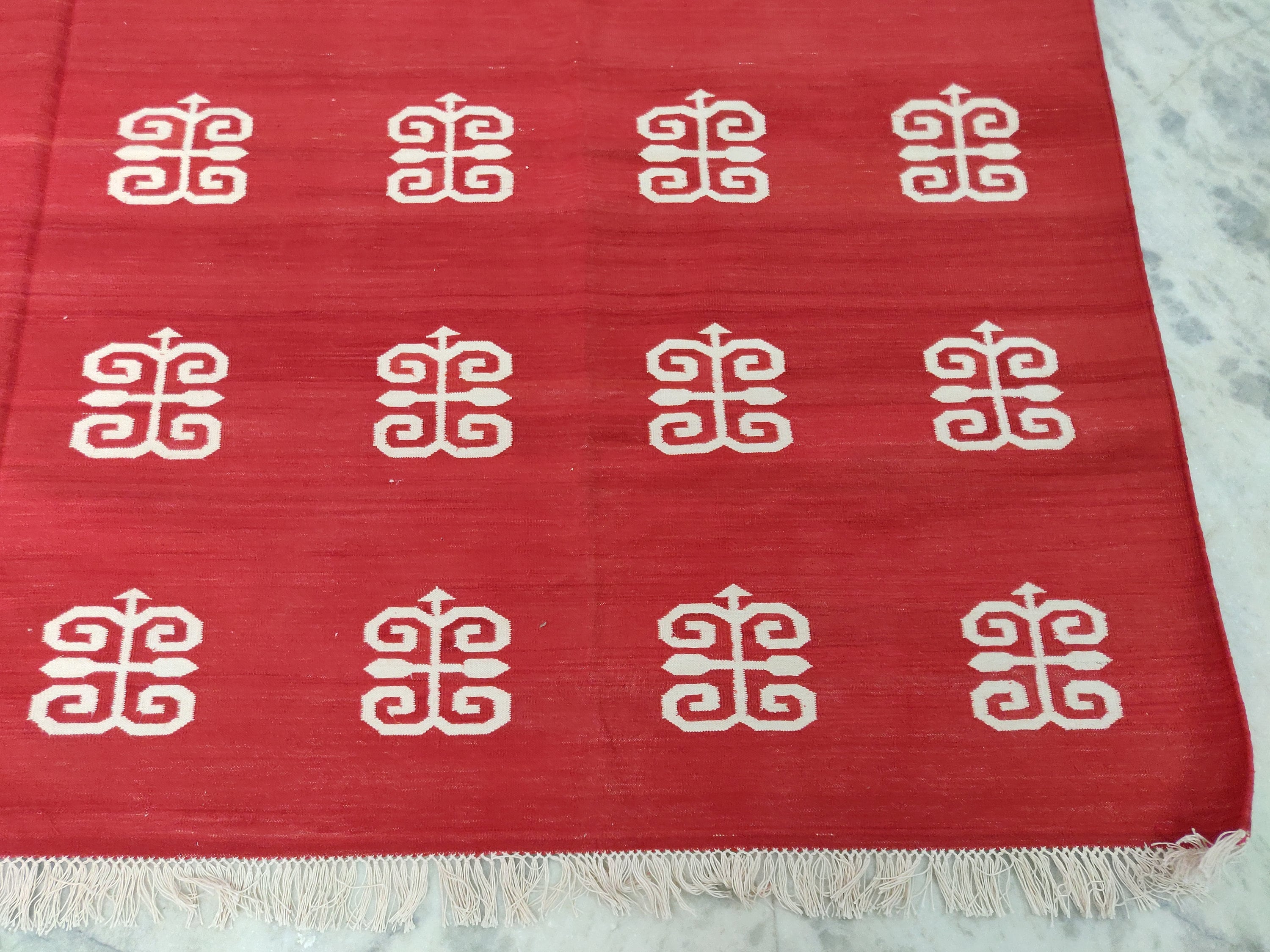 Modern Handmade Cotton Area Flat Weave Rug, Natural Vegetable Dyed, 8x10 Red And White