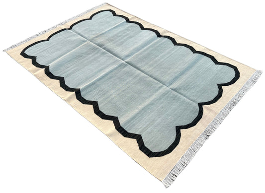Modern Handmade Cotton Area Flat Weave Rug, Natural Vegetable Dyed, Blue & Beige Scalloped Indian Dhurrie, Kilim Striped Rug, Wall Tapestry