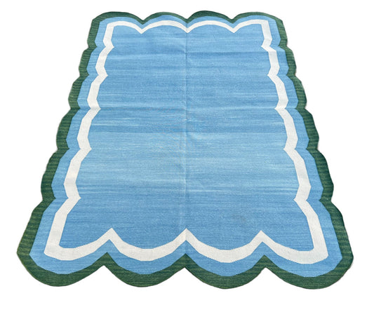 Modern Handmade Cotton Area Flat Weave Rug, Natural Vegetable Dyed, Blue & Green Scalloped Indian Dhurrie, Kilim Striped Rug, Wall Tapestry