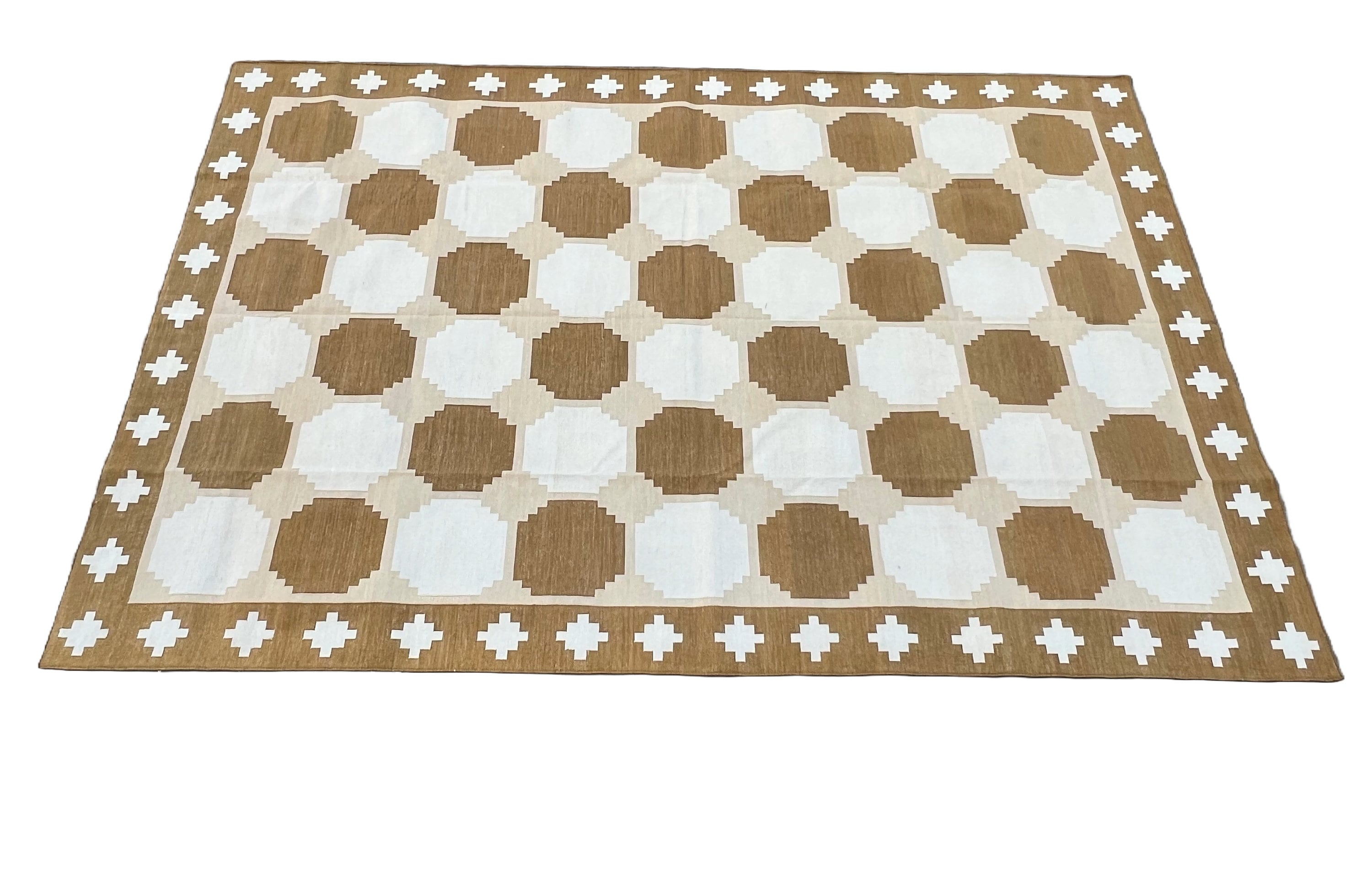 Modern Handmade Cotton Tan And White Geometric Tile Star Rug-6519