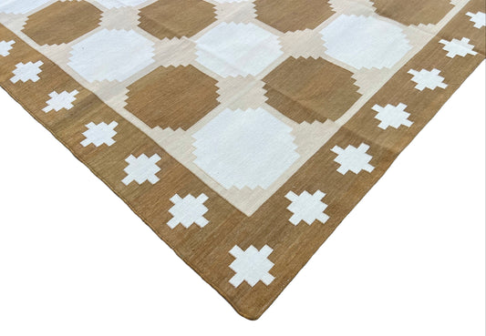 Modern Handmade Cotton Tan And White Geometric Tile Star Rug-6519