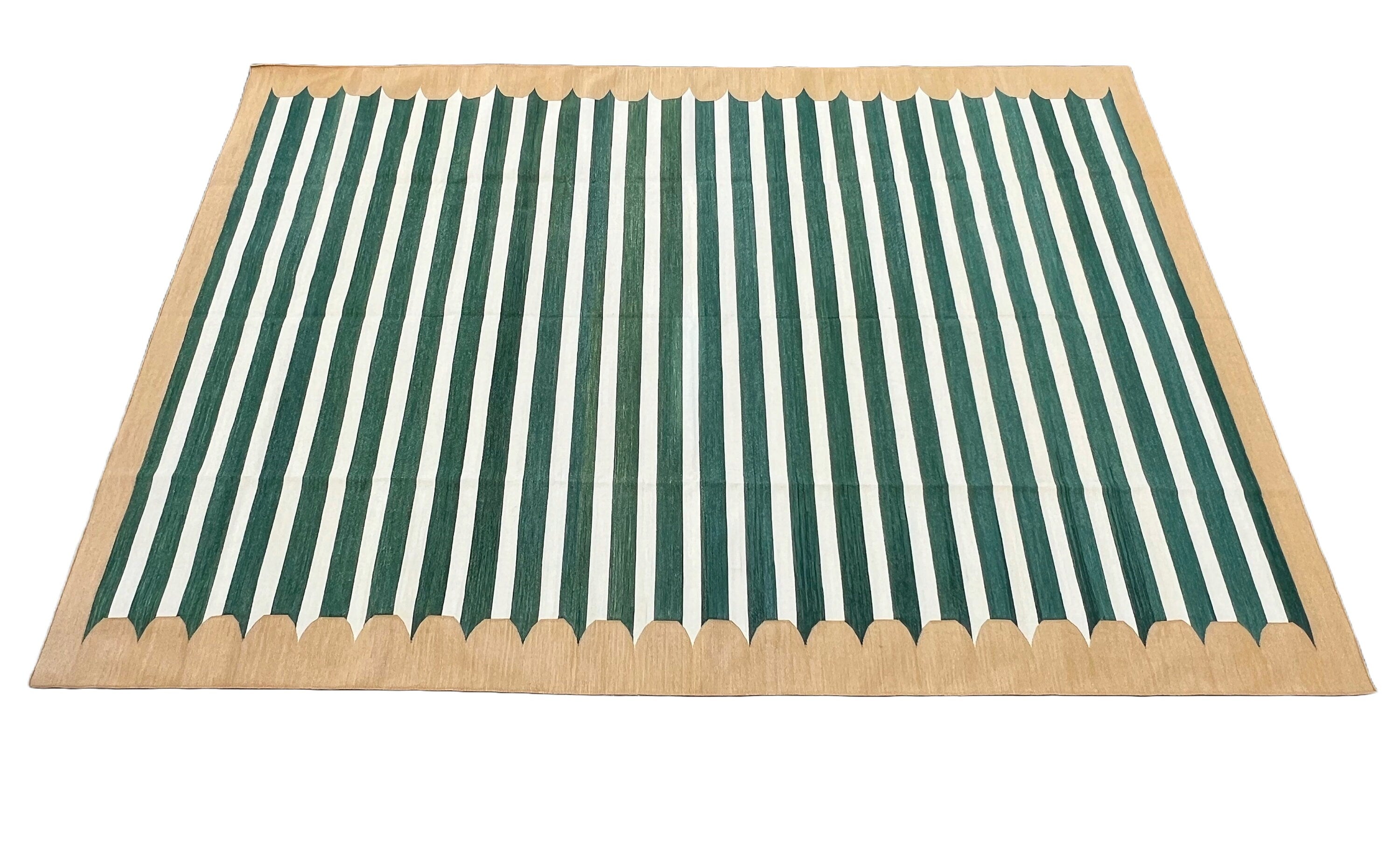 Modern Handmade Cotton Green And Mustard Striped Rug-6521