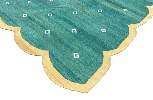 Modern Handmade Cotton Green And Yellow Scalloped Diamond Rug