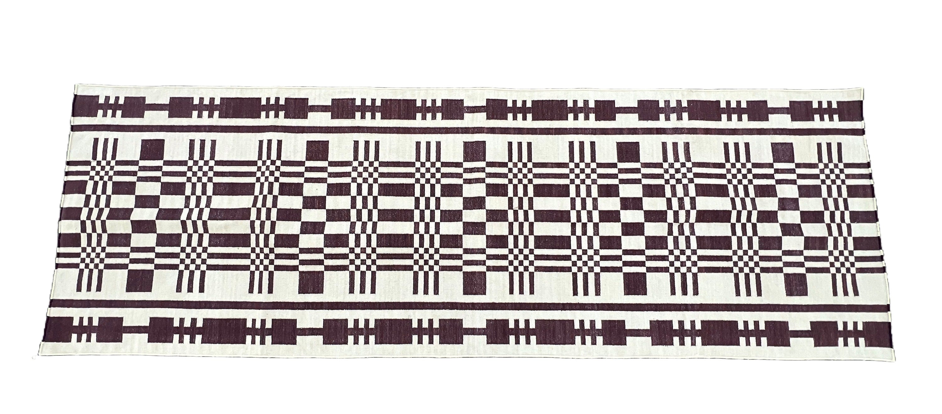 Modern Handmade Cotton Brown And Cream Geometric Runner-6518