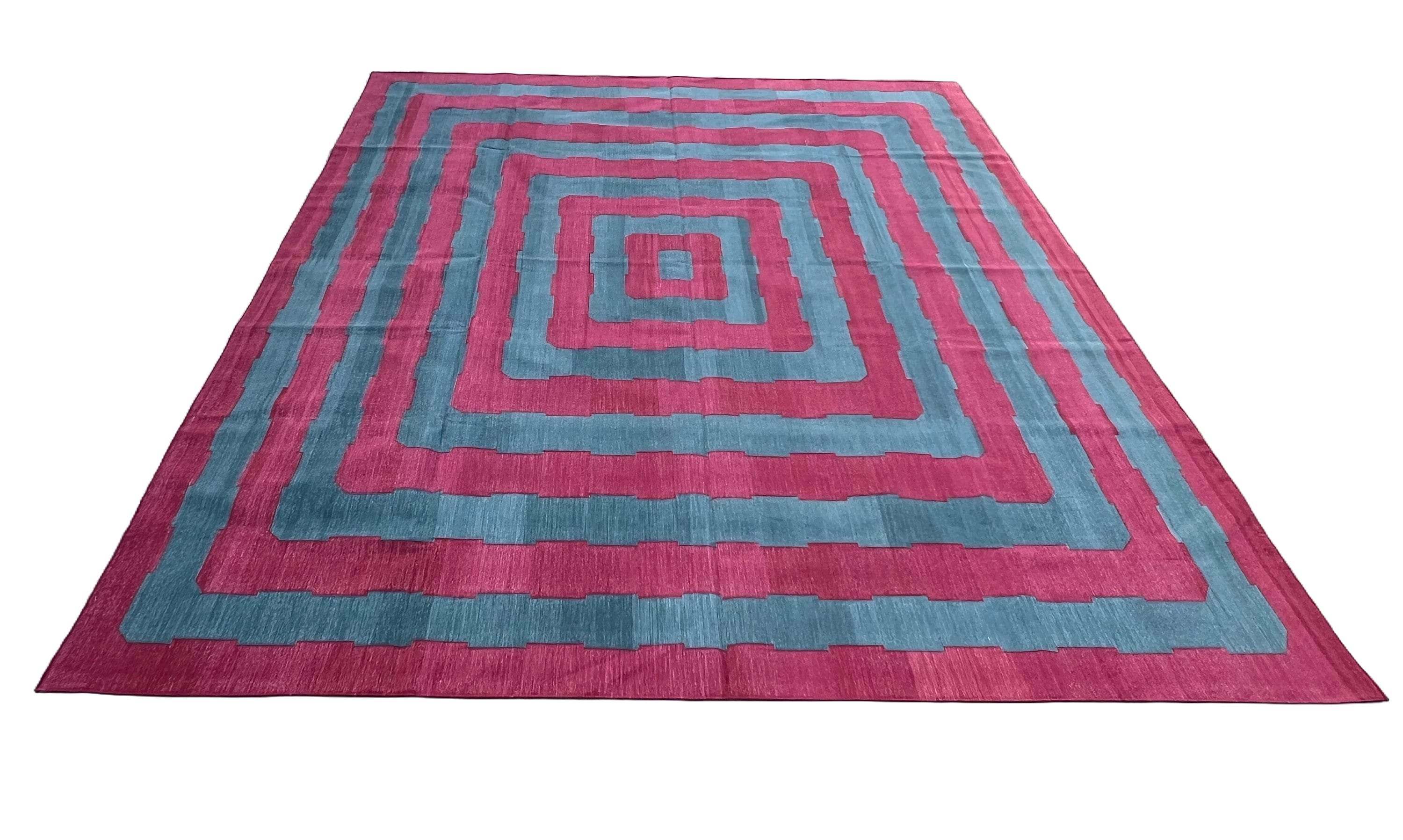 Modern Handmade Cotton Blue and Pink Flat Weave Striped Rug-6524