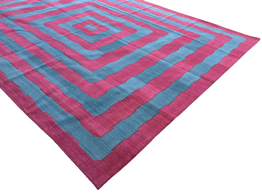 Modern Handmade Cotton Blue and Pink Flat Weave Striped Rug-6524