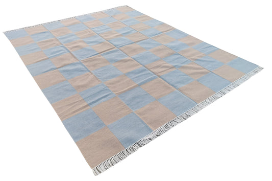 Modern Handmade Woolen Area Flat Weave Rug, Natural Vegetable Dyed, Gray And Beige Checked Indian Dhurrie, Woolen Striped Rug, Wall Tapestry