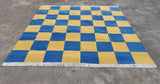 Modern Handmade Cotton Area Rug, Mustard And Blue Checked Dhurrie