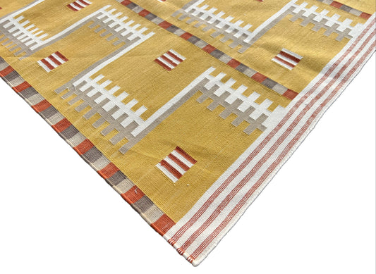 Modern Handmade Cotton Flat Weave Mustard Geometric Rug-6468