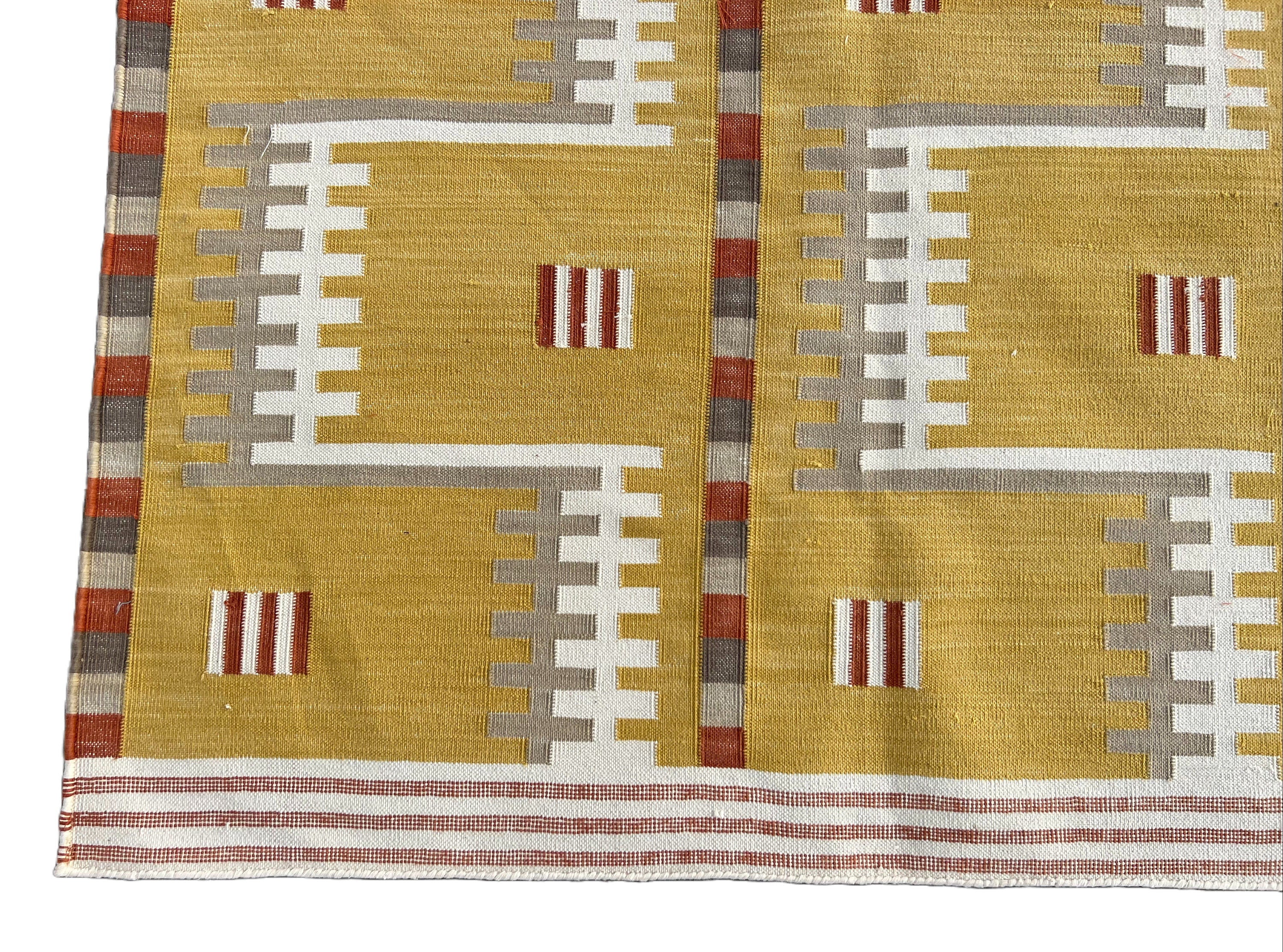 Modern Handmade Cotton Flat Weave Mustard Geometric Rug-6468