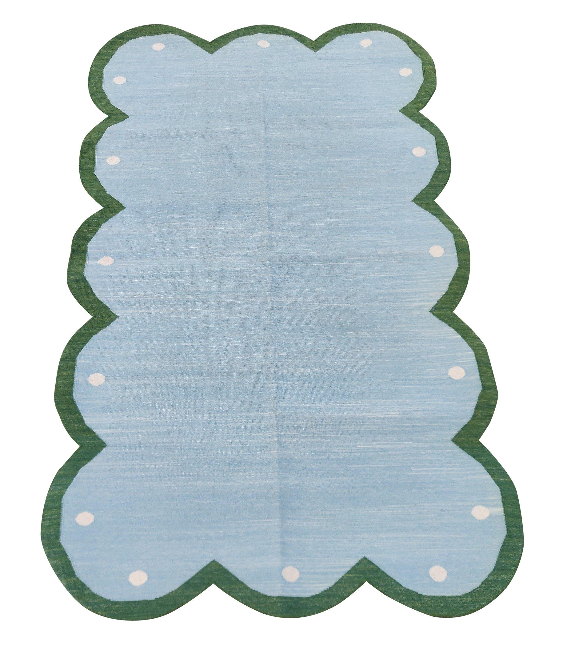 Handmade Cotton Area Flat Weave Rug, Blue & Green Scalloped Edge Indian Dhurrie