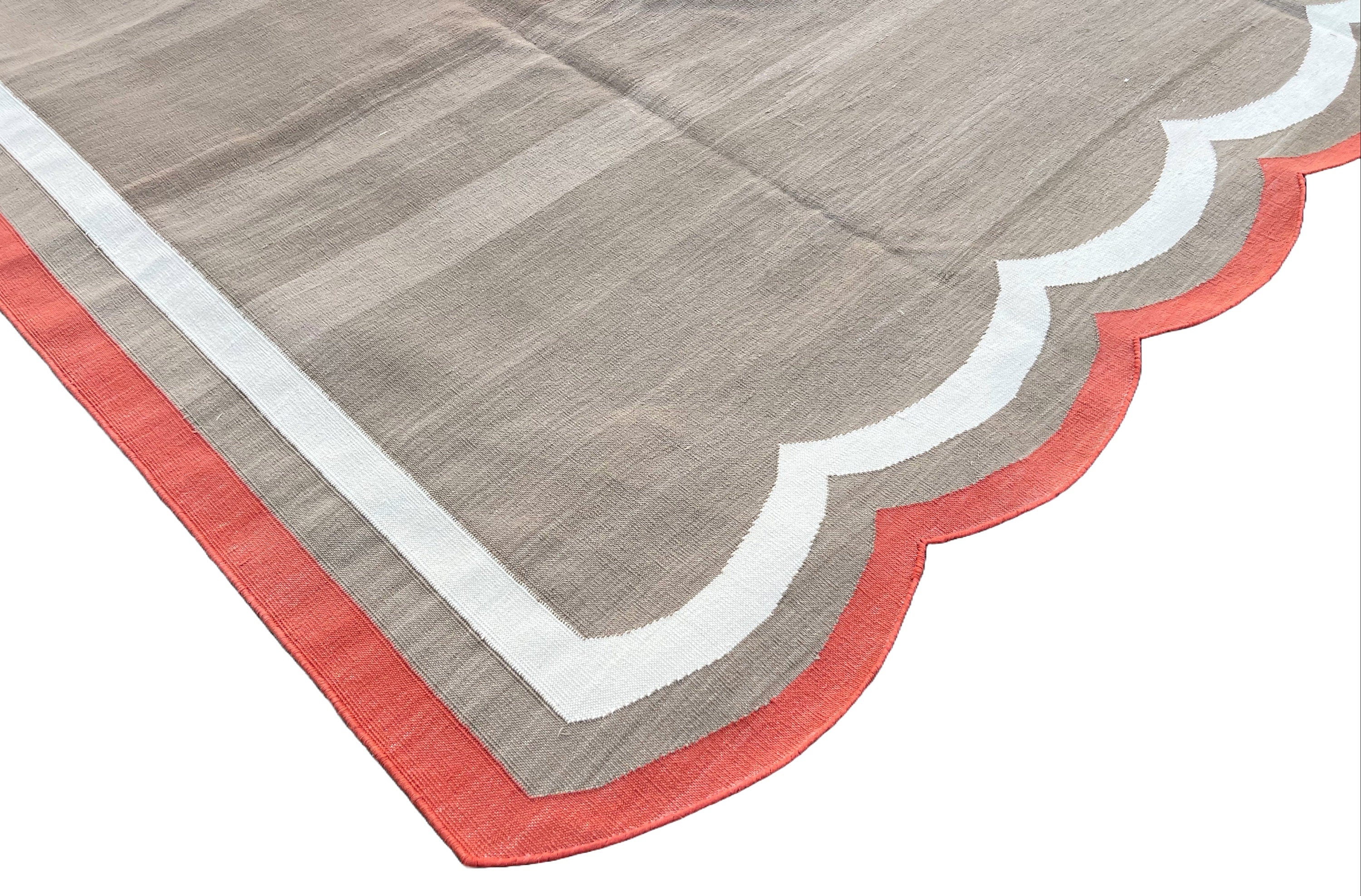 Modern Handmade Cotton Area Flat Weave Rug, Natural Vegetable Dyed, Beige & Red Scalloped Edge Indian Dhurrie, Kilim Striped, Wall Tapestry