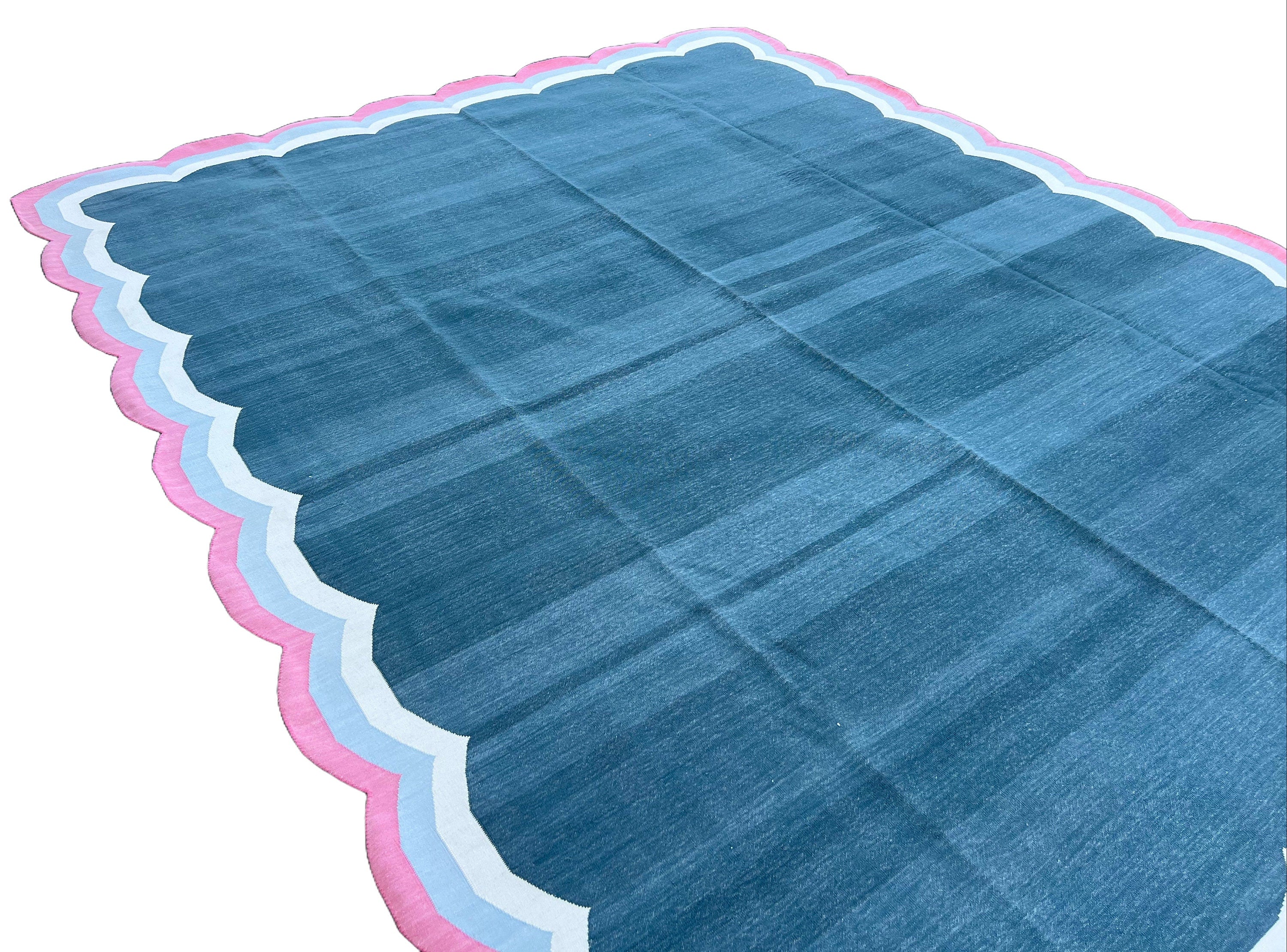 Modern Handmade Cotton Area Flat Weave Rug, Natural Vegetable Dyed, Blue & Pink Scalloped Edge Indian Dhurrie, Kilim Striped, Wall Tapestry