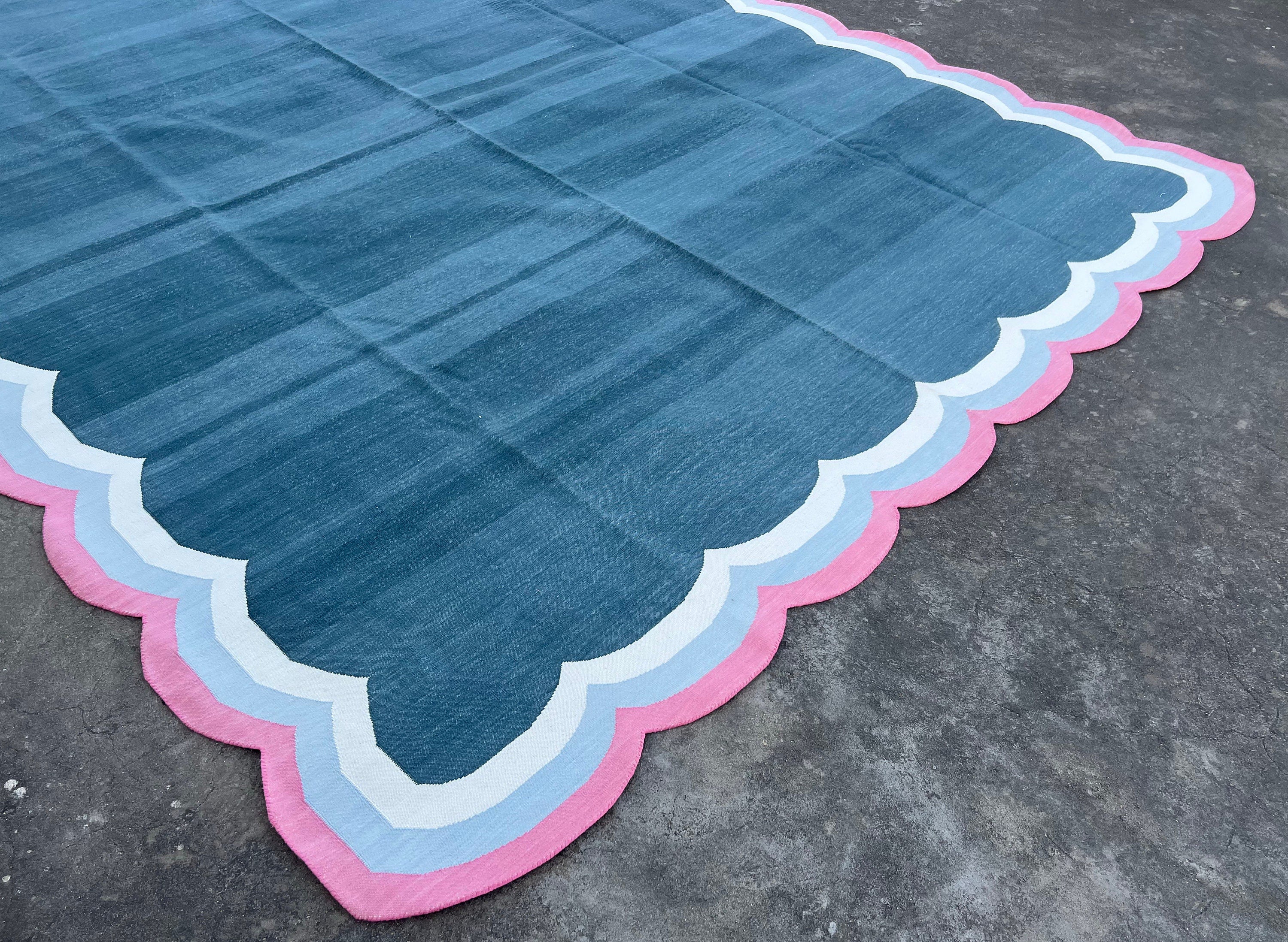 Modern Handmade Cotton Area Flat Weave Rug, Natural Vegetable Dyed, Blue & Pink Scalloped Edge Indian Dhurrie, Kilim Striped, Wall Tapestry