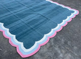 Modern Handmade Cotton Area Flat Weave Rug, Natural Vegetable Dyed, Blue & Pink Scalloped Edge Indian Dhurrie, Kilim Striped, Wall Tapestry